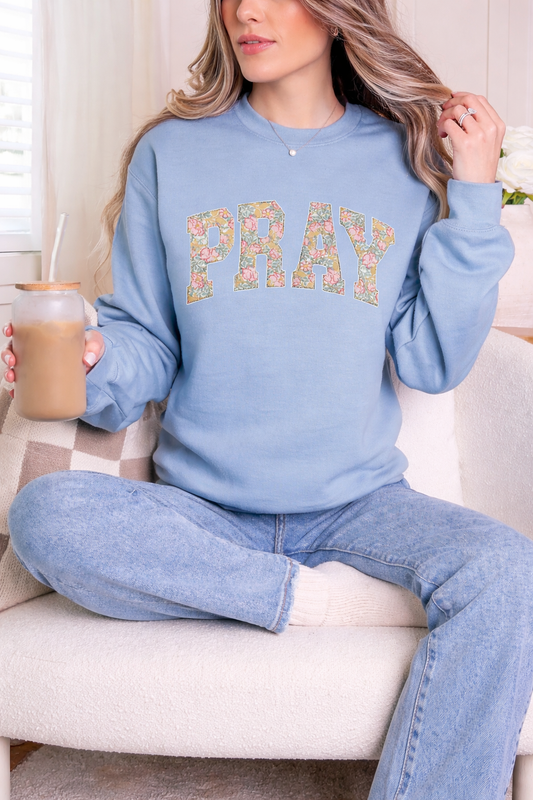 Pray Applique on Softstyle Stone Blue Sweatshirt