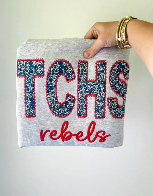 Lace Stitch + Blue Floral Applique Crewneck