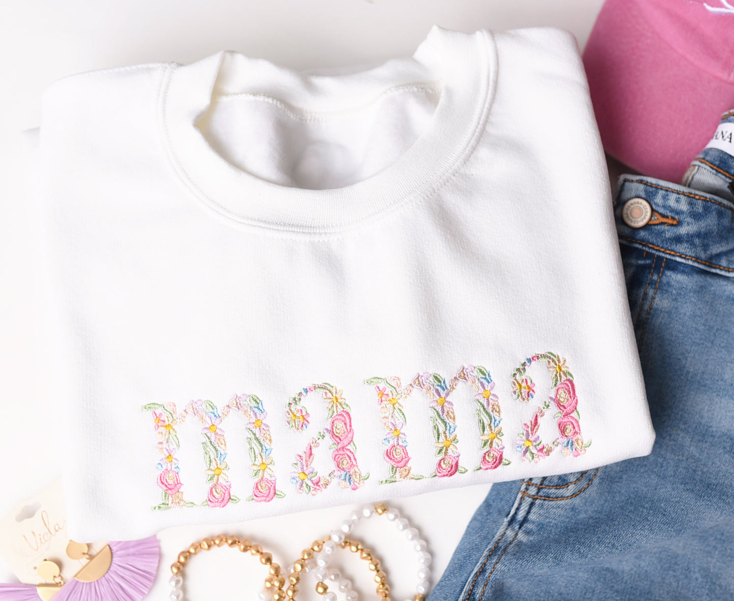 Mama Floral Embroidered Crewneck Sweashirt