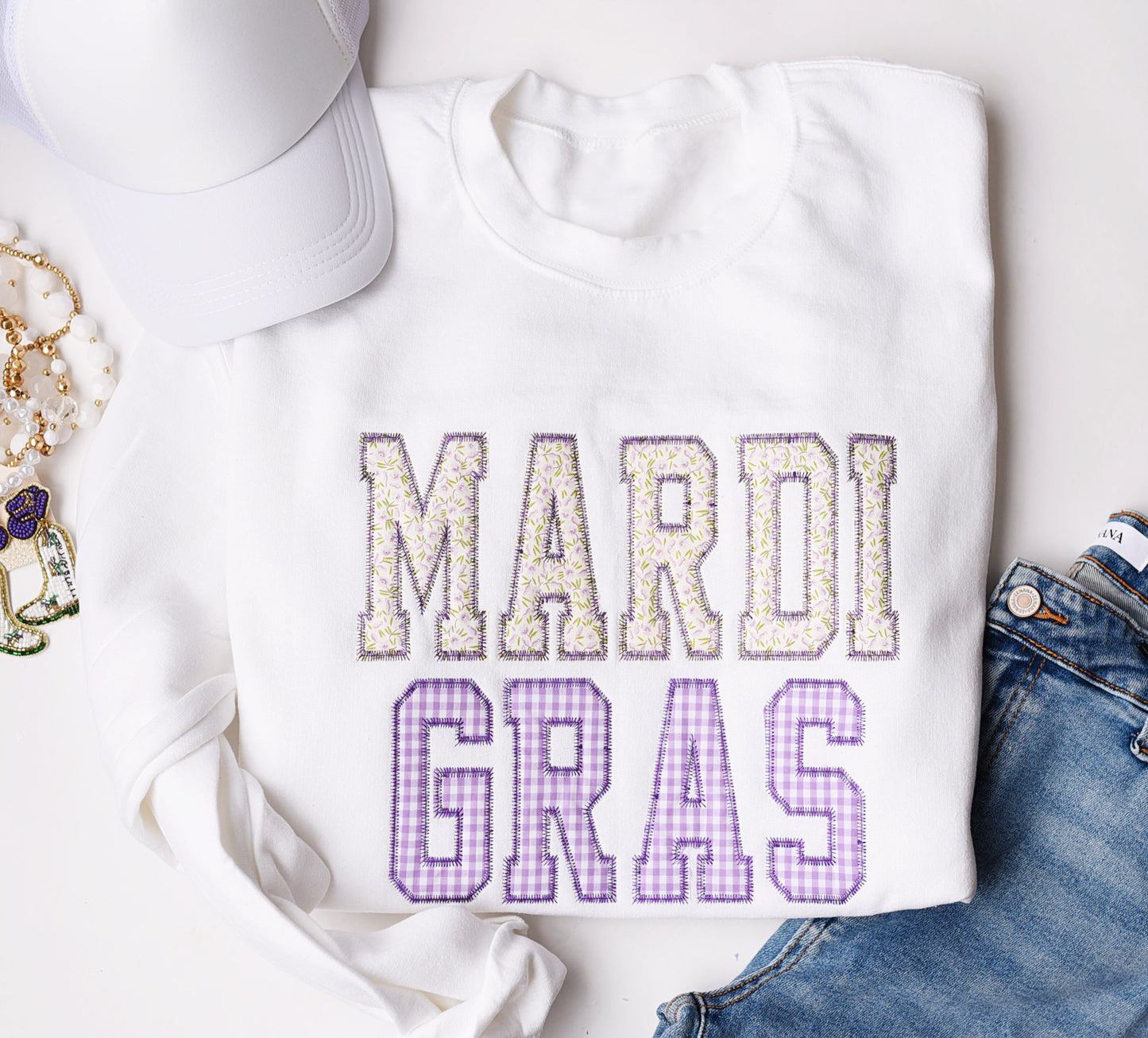 Mardi Gras Gingham + Floral Applique Crewneck