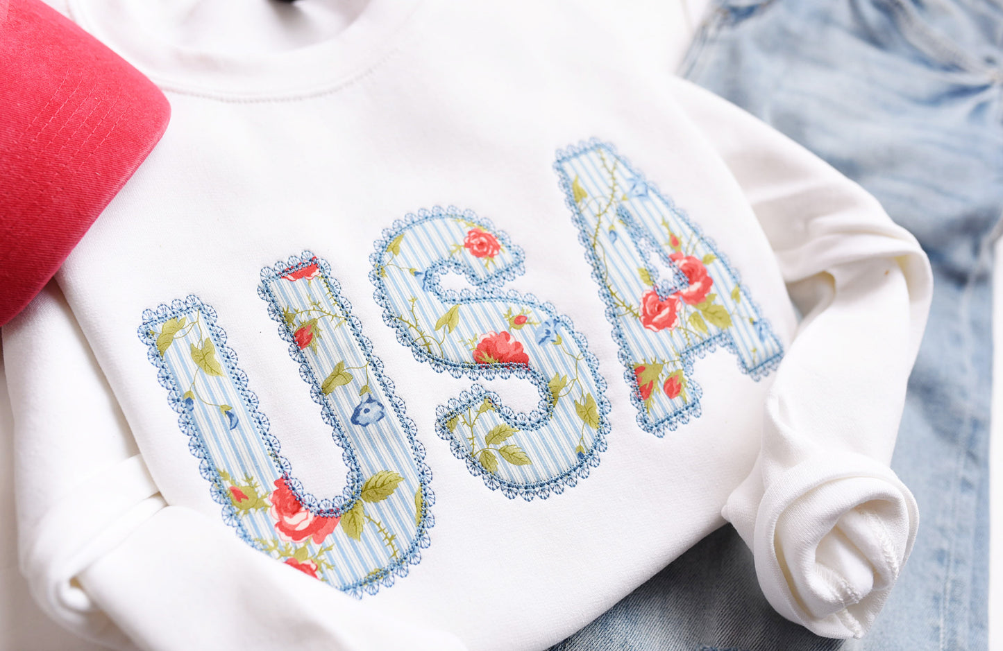 USA Floral + Lace Sweatshirt or T-Shirt