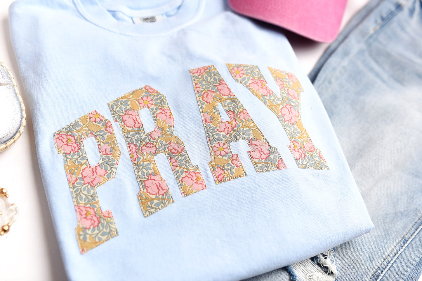 PRAY Floral Applique Comfort Colors Tee