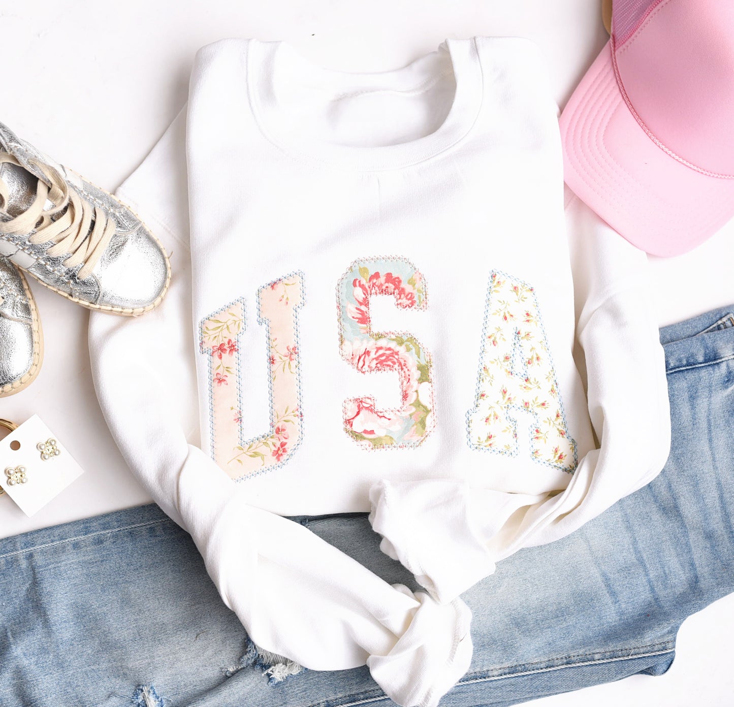 USA Applique Blue + Pink Floral