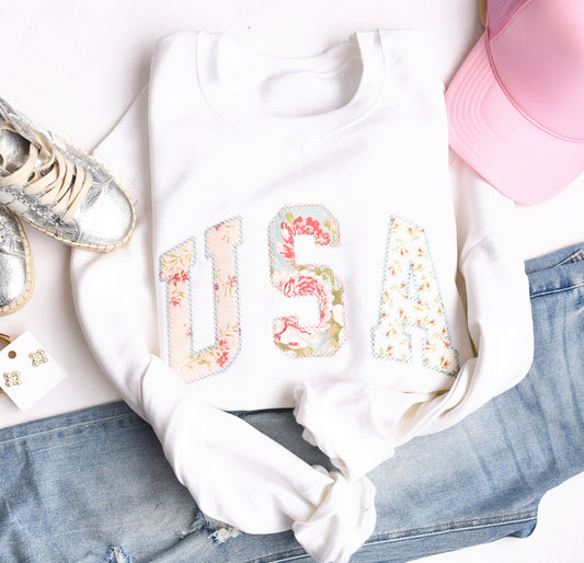 USA Applique Blue + Pink Floral