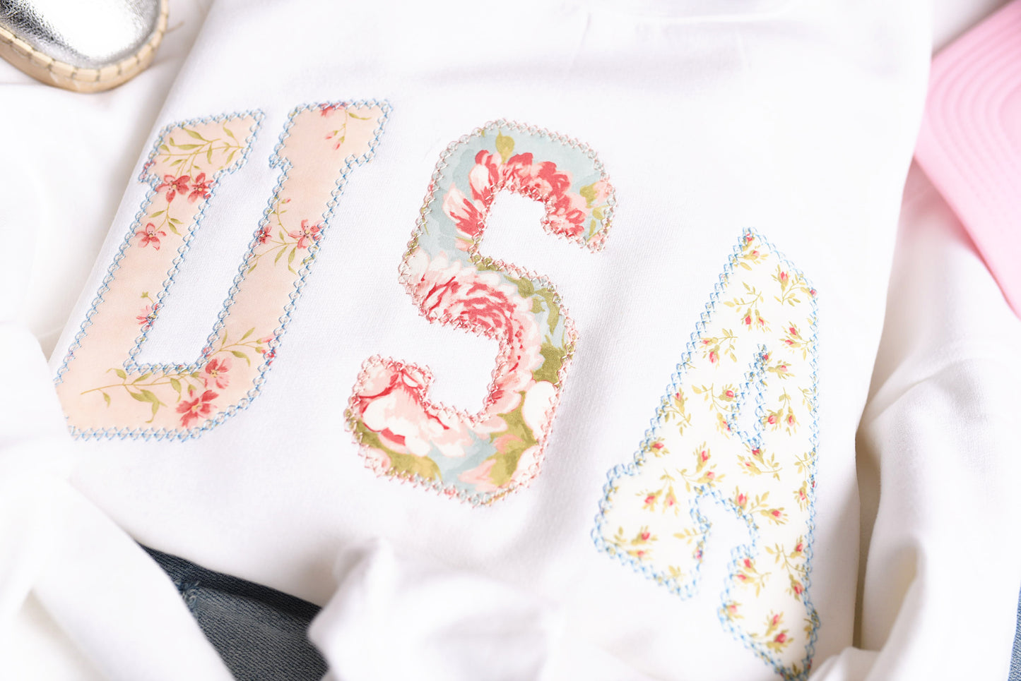 USA Applique Blue + Pink Floral