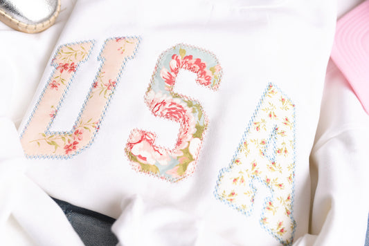 USA Applique Blue + Pink Floral