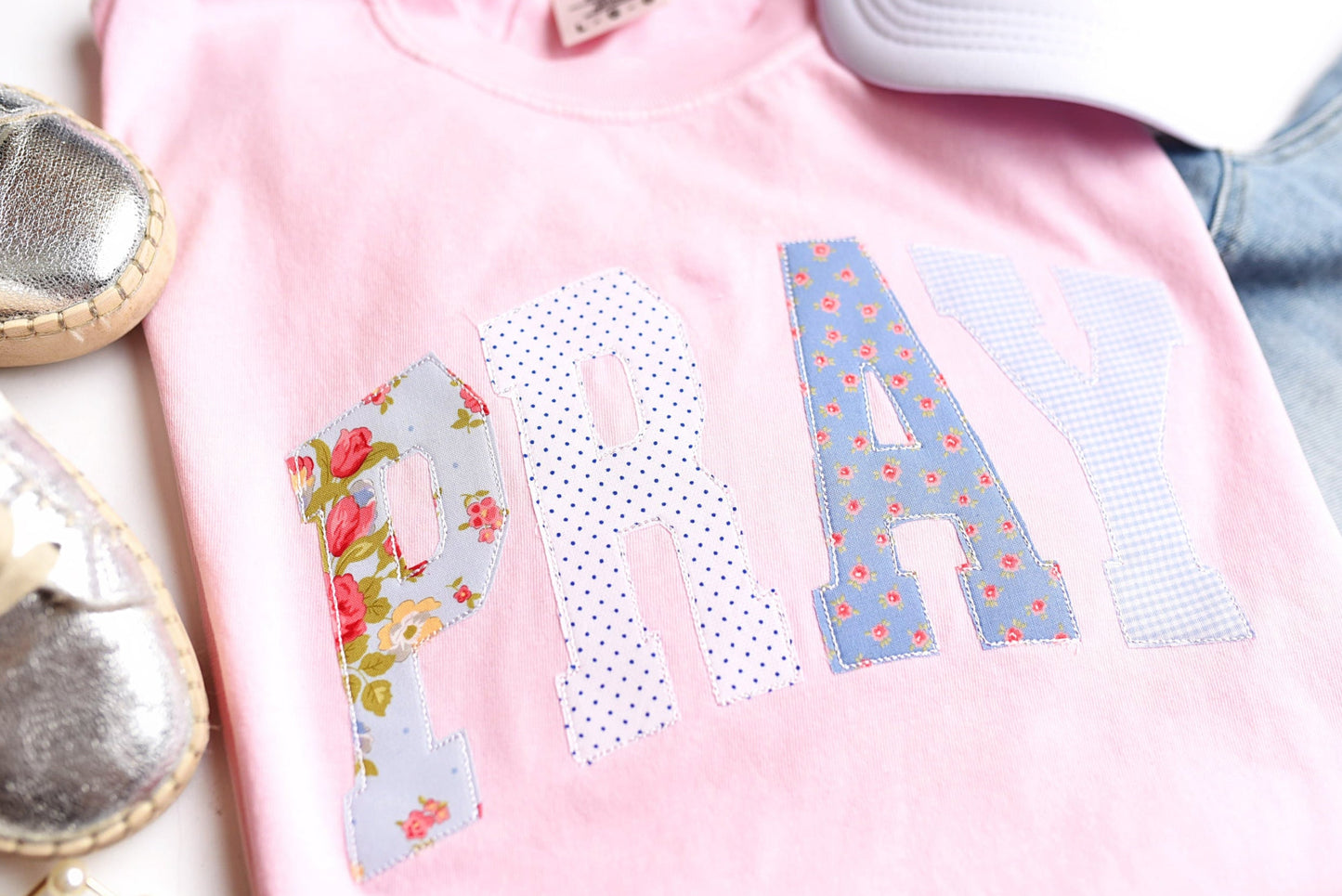 Pray Applique Floral Pink and Blue Comfort Colors