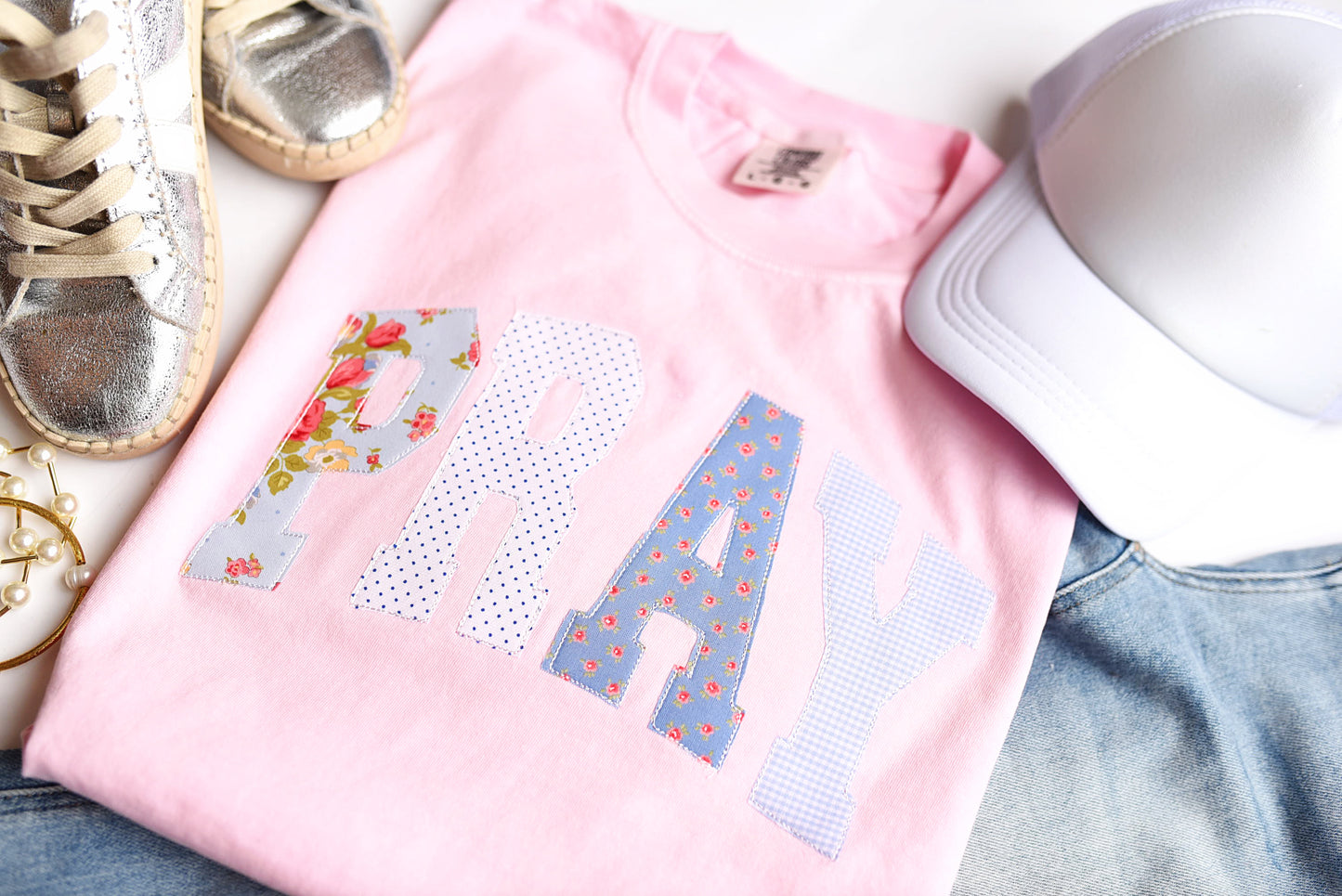Pray Applique Floral Pink and Blue Comfort Colors