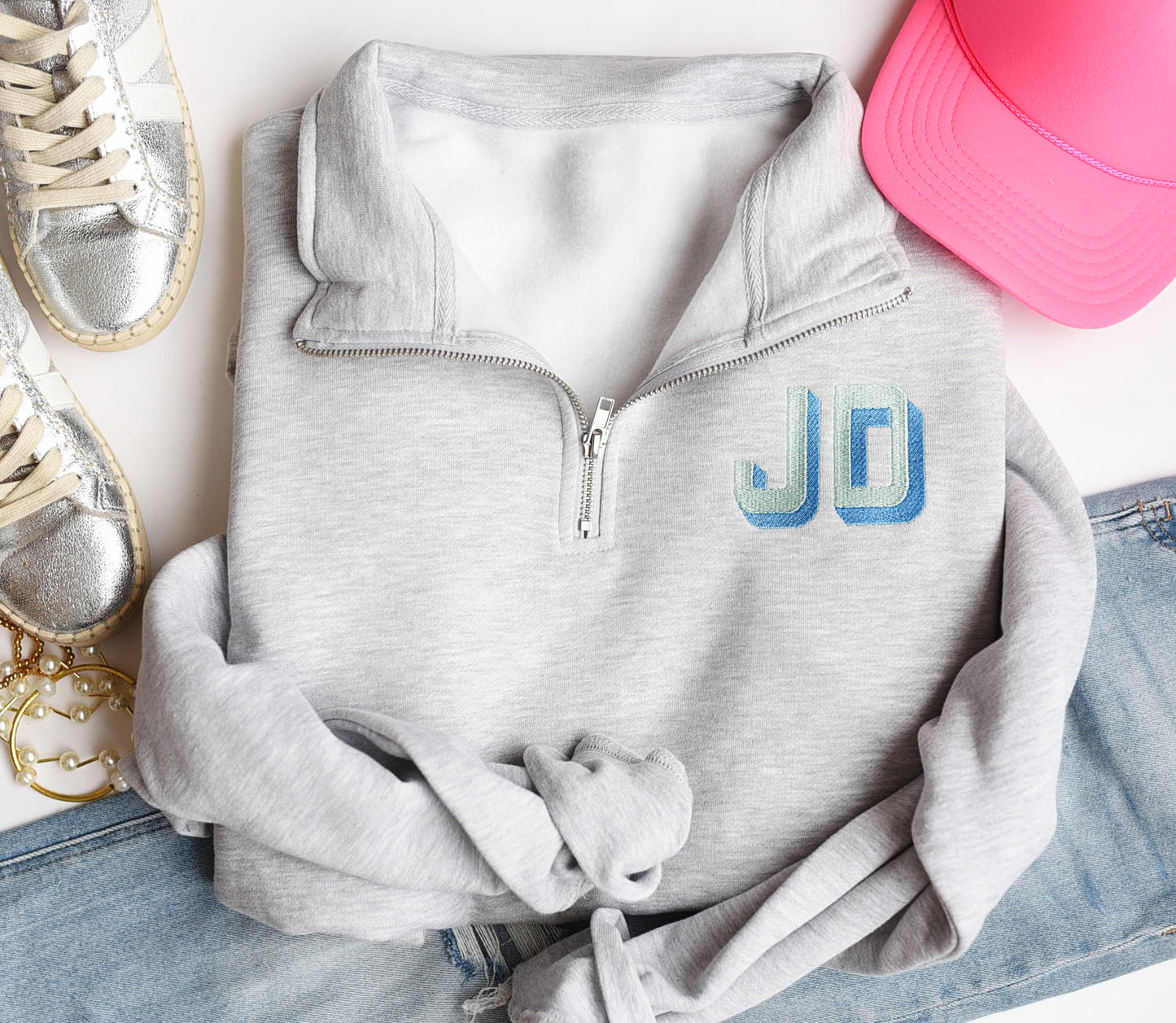 Personalized Quarter Zip Shadow Block Font Initials