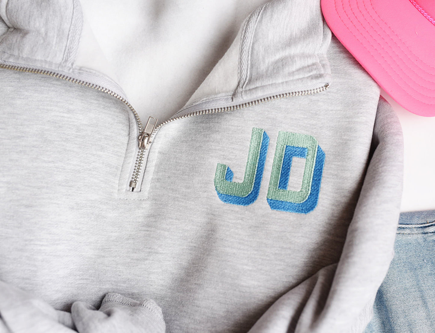 Personalized Quarter Zip Shadow Block Font Initials