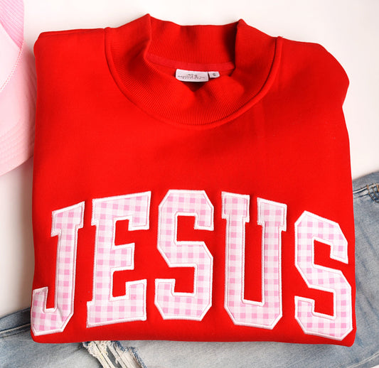 Red Mockneck Pink Jesus Gingham