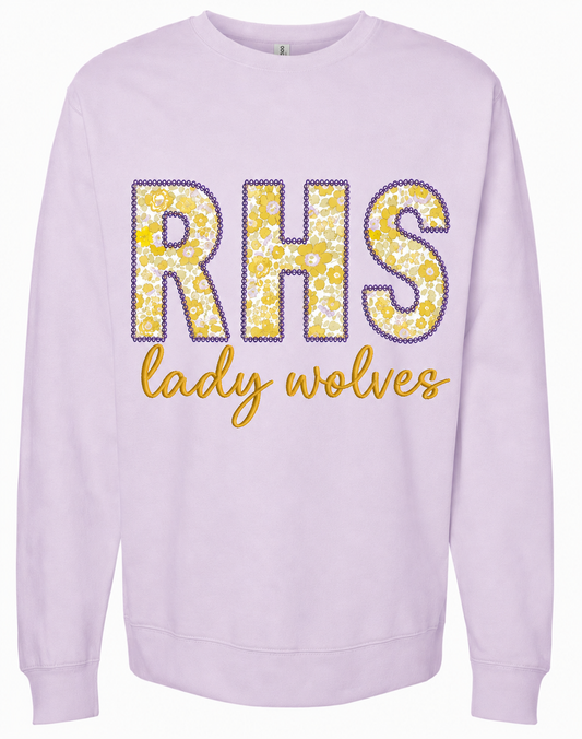 Lace Yellow Floral Applique Crewneck Sweatshirt Lavender