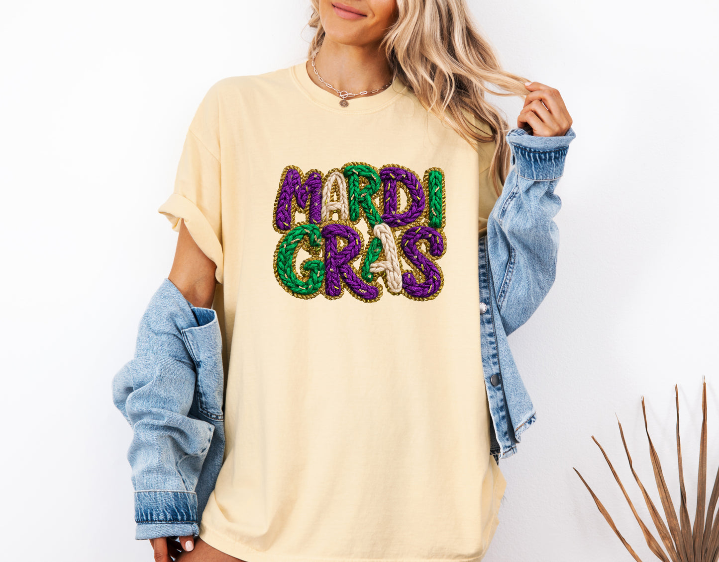 Mardi Gras Faux Chenille Yarn on Comfort Colors