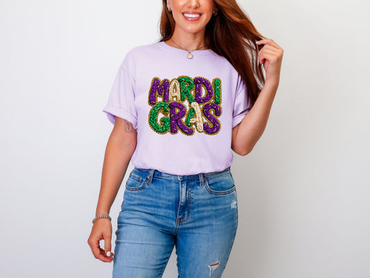 Mardi Gras Faux Chenille Yarn on Comfort Colors