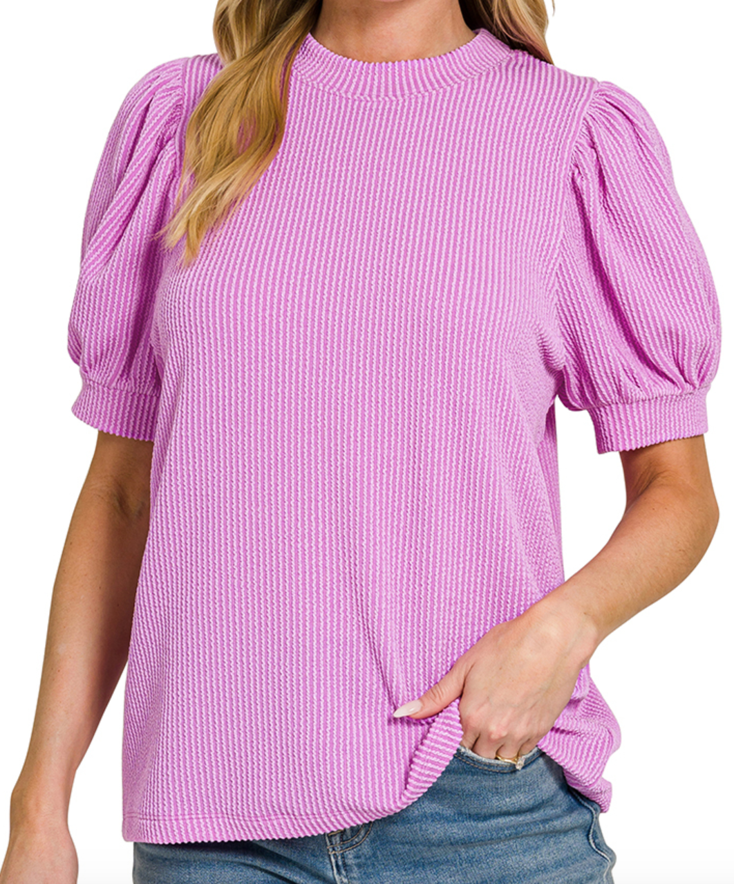 Ribbed Puff Sleeve Zenana